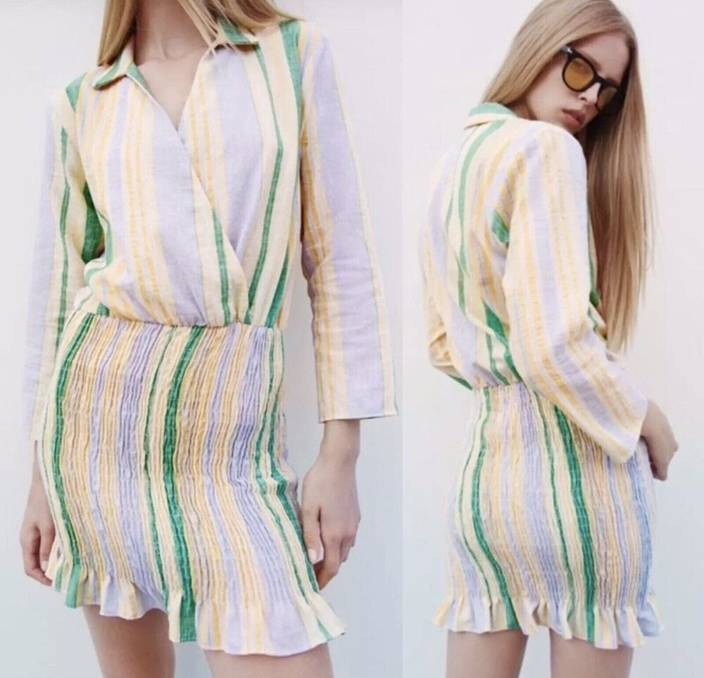 Zara The Valery Dress Multicolor Pastel Smocked Striped Mini Dress Size L